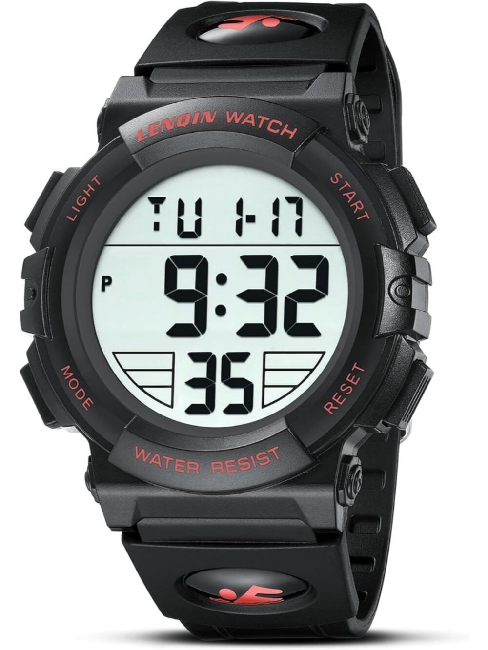 Men's Black And Red Analog Quartz Waterproof Tactical Digital Alarm Wrist Watch
